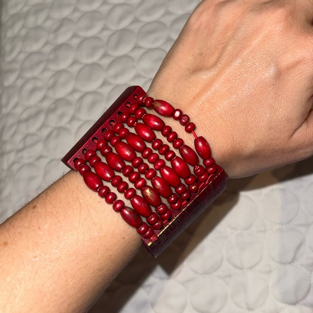 Vintage red wood beads in elastic multi bracelet lightweight beaded